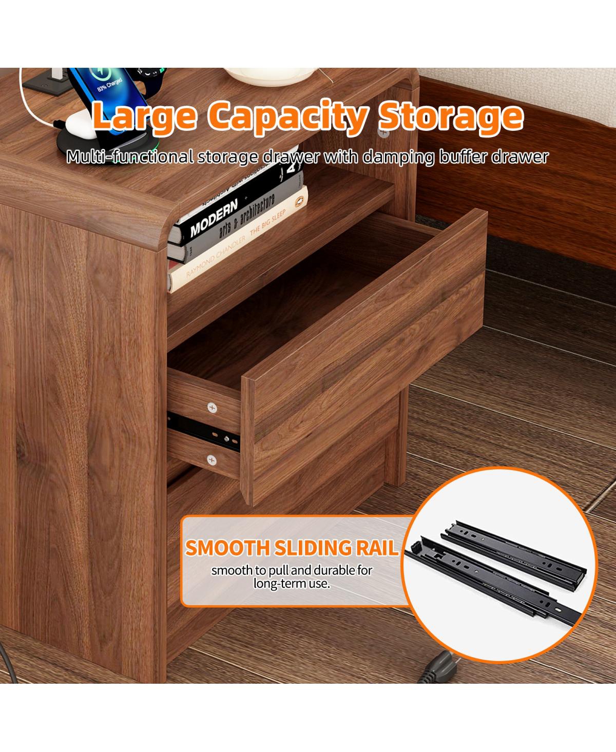 Streamdale Furniture 25'' Modern Nightstand with Charging Station and 2 Drawers