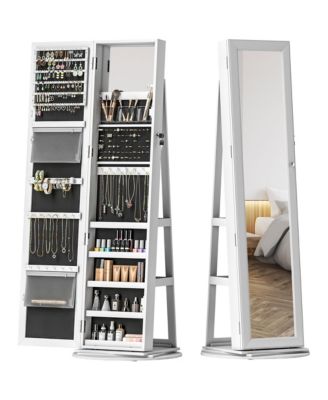 Freestanding Jewelry Armoire 360 Degree Swivel Lockable Cabinet with Full Length Mirror and Storage Shelves