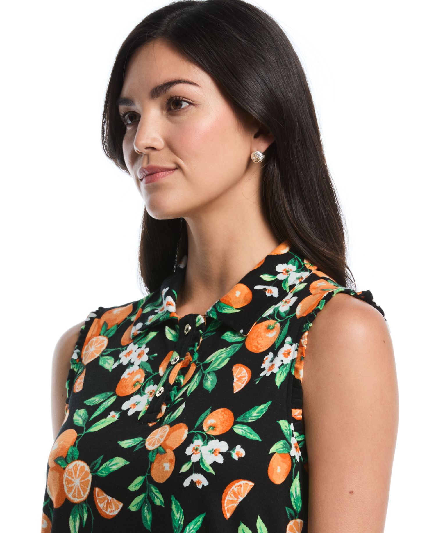 Petite Orange Print Ruffle-Trim Sleeveless Polo Shirt