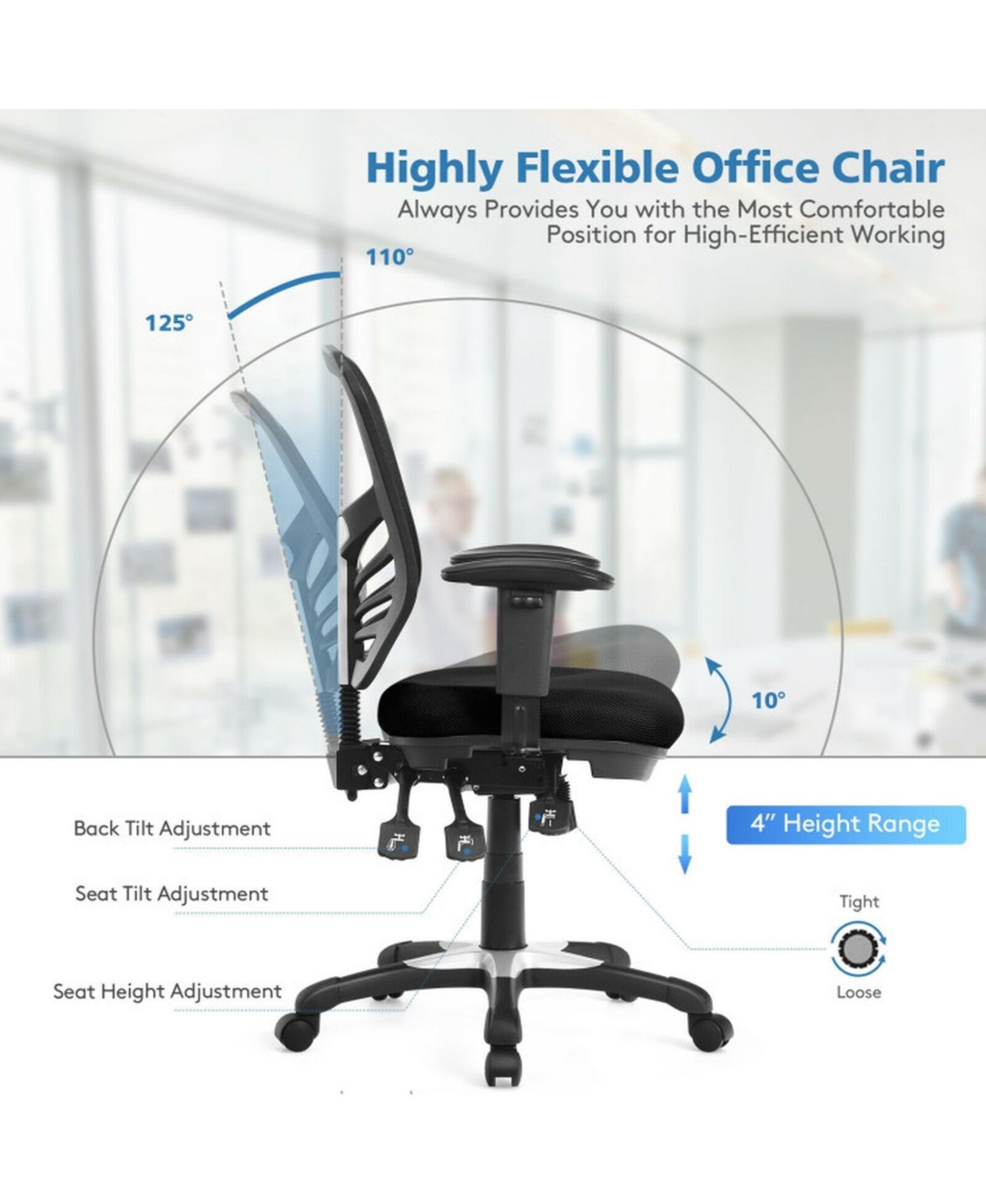 Gouun Ergonomic Mesh Office Chair Adjustable Back Height Armrests Recline