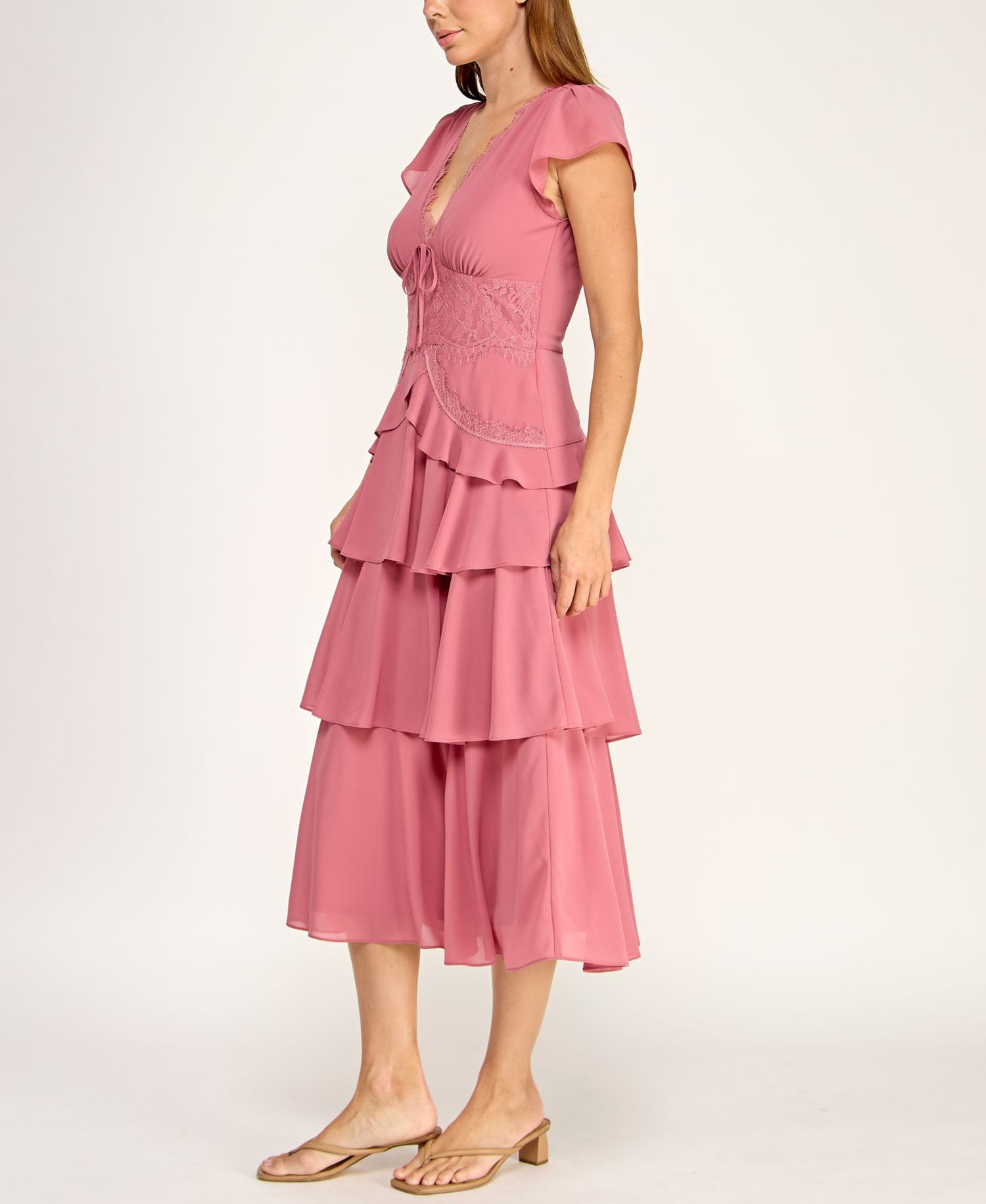 Juniors' Lace Trim Tiered Midi Dress