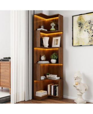 Corner Book Shelf - 5 Tier Corner Bookshelf Bookcase with Baffle LED Lights