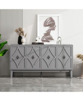 Vintage Storage Cabinet With Hand-Carved 4 Door Sideboard Cabinet With Adjustable Shelf