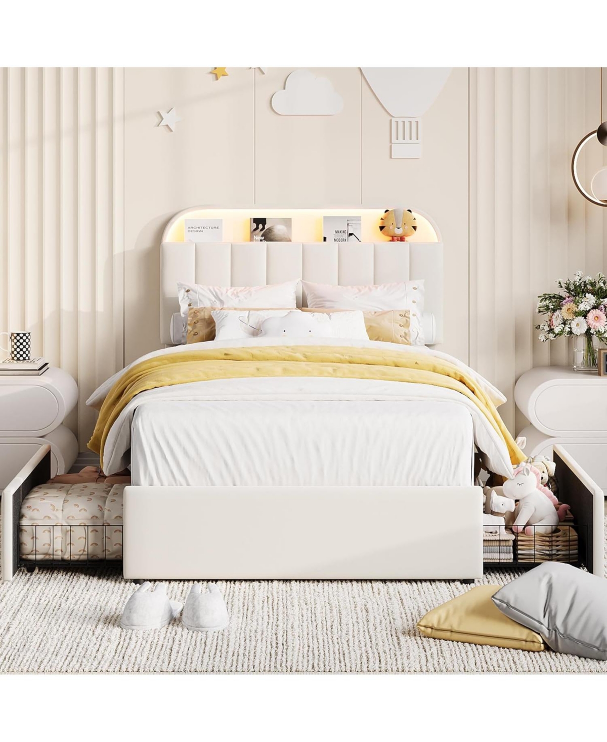 gaomon Bed Frame with 2 Flexible Drawers, Upholstered Platform Bookcase Headboard and Led Lights