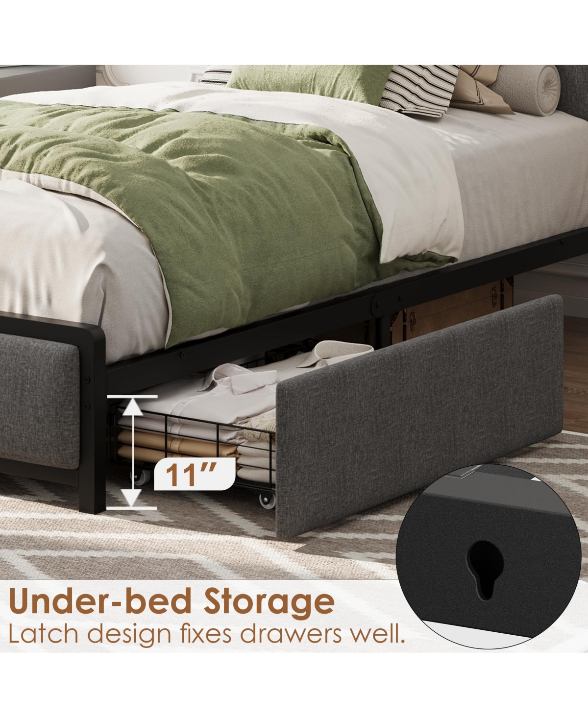homfan Upholstered Bed Frame with Storage Headboard, Charging Station, 2 Drawers, Metal Slat Support