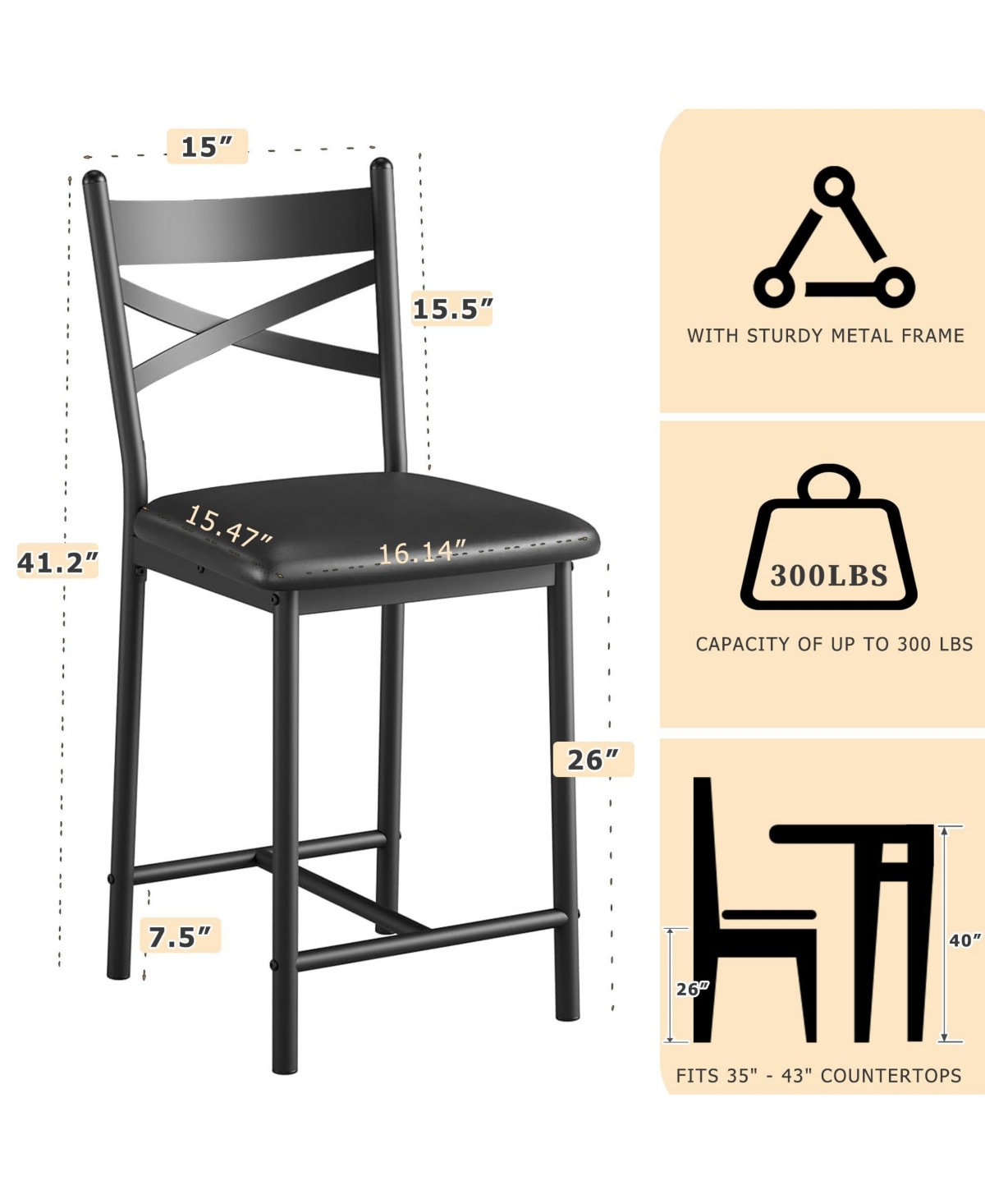 homfan Set of 6 Bar Stools, 26 Inch Pu Leather Stools with Straight Back and Thick Cushion for Kitchen Island or Dining Room