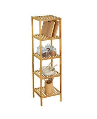 Space Saving 5 Tier Wooden Bathroom Shelf, Narrow Standing Storage Rack with Slatted Natural Wood, Versatile for Towels, Plants