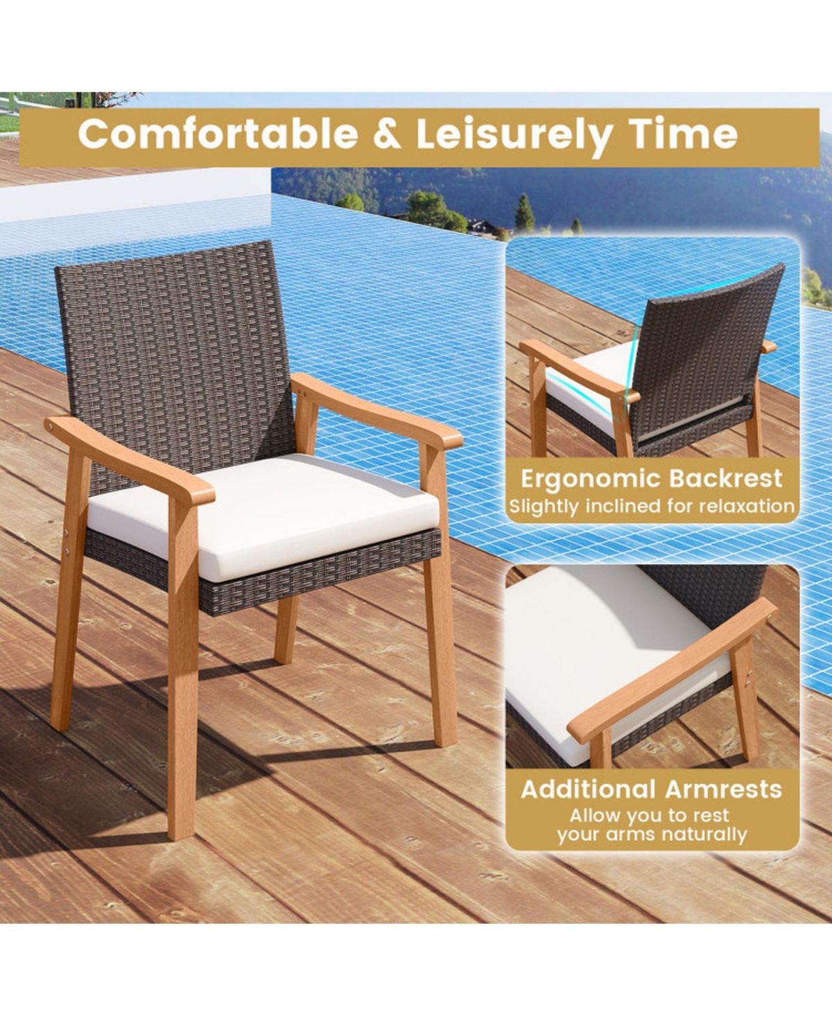 Sugift Pe Rattan Patio Dining Chair Set of 4 with Removable Cushions and Acacia Wood Armrests