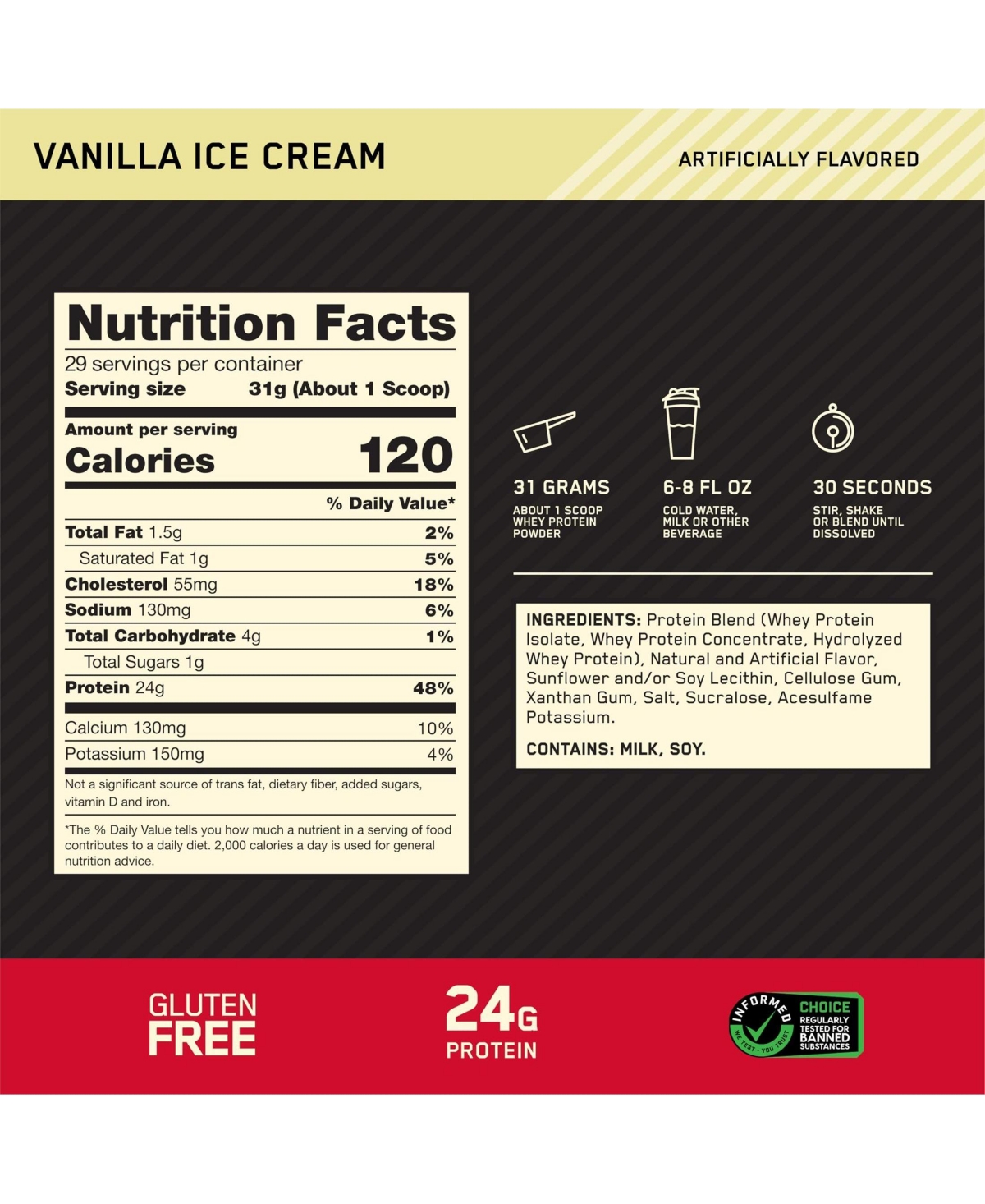 Optimum Nutrition Gold Standard 100% Whey Protein Powder, Vanilla Ice Cream, 24g Protein, 2 Lb