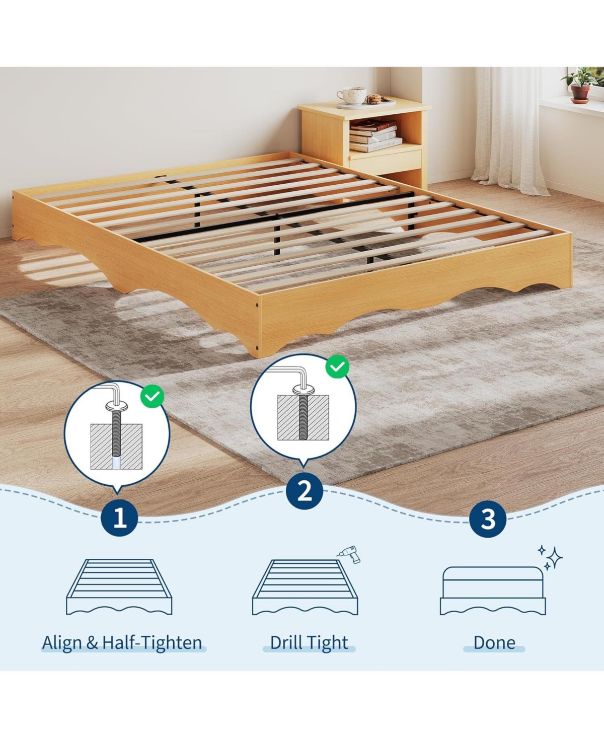 gaomon Wood Platform Bed Frame, Low Profile with Wavy Design, Minimalist Base Without Headboard, Noise-Free Support