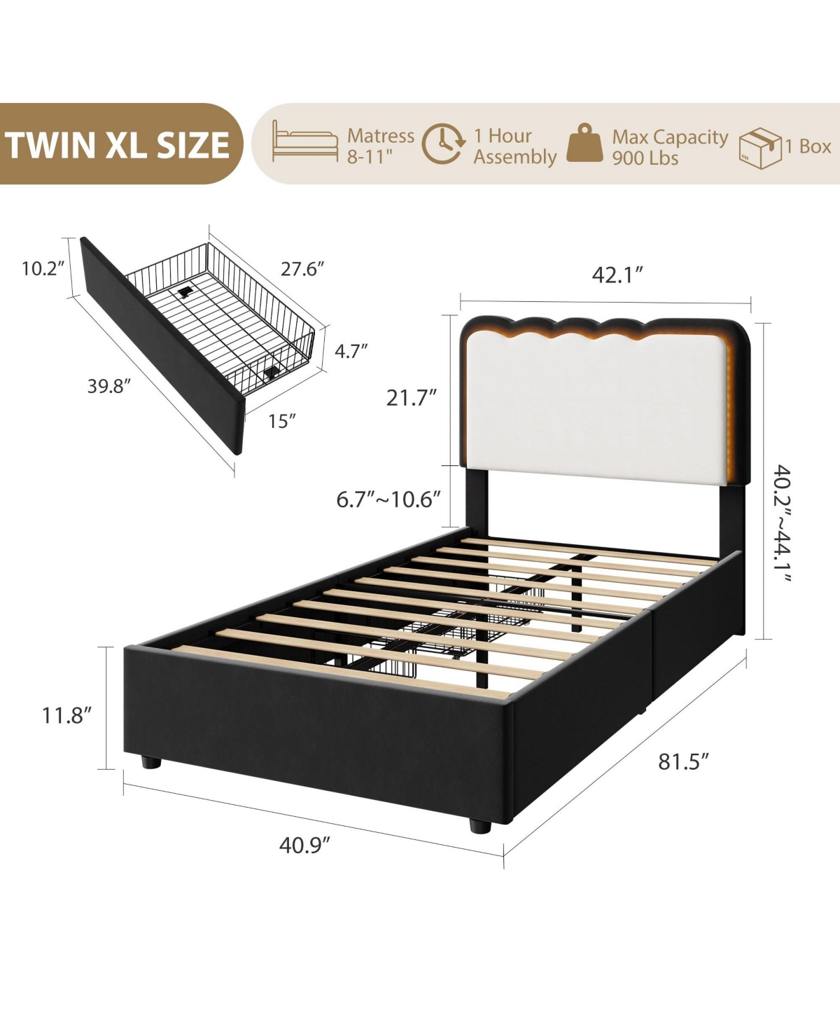 homfan Led Bed Frame with Storage Drawer and Adjustable Headboard, Velvet Princess Platform for Kids