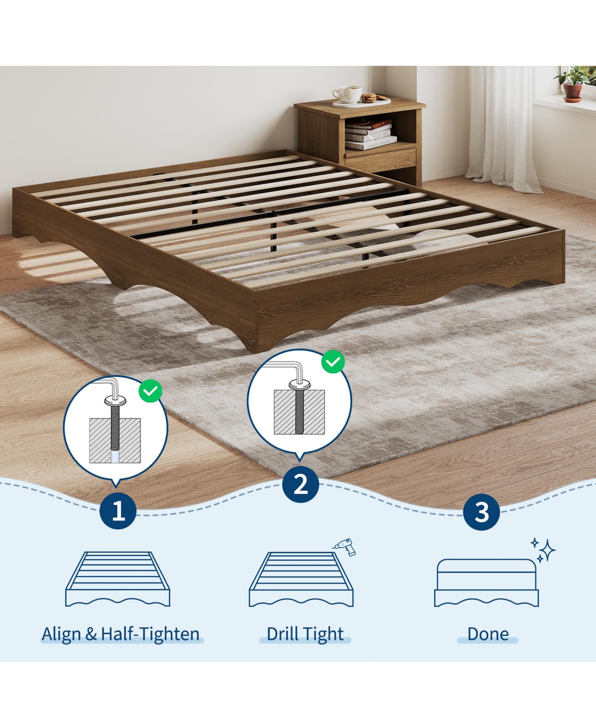 homfan Minimalist Wave Edge Wood Platform Bed Frame - Sturdy and Noise-Free, Easy Assembly, No Box Spring