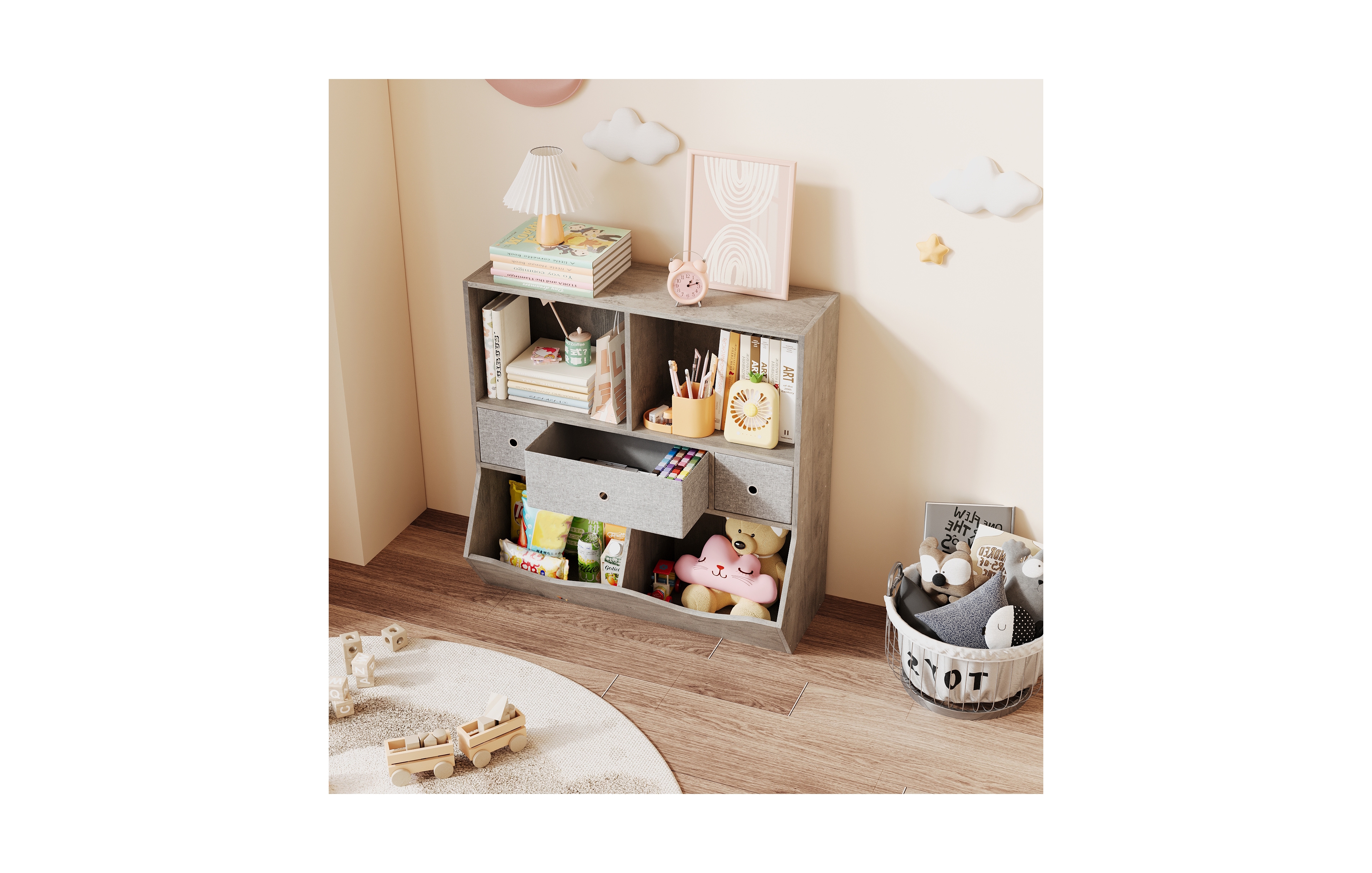homfan 3-Tier Toy Storage Organizer with Engineered Wood Frame, Fabric Drawers Kids Bookshelf for Bedroom Playroom Nursery