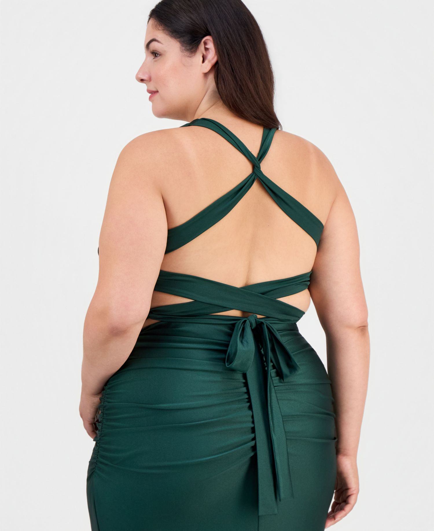 Trendy Plus Size Shiny Knit Ruched Back-Tie Gown