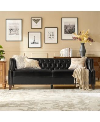 Theotis 84"W Chesterfield Button-Tufting Genuine Leather Sofa with Solid Wood Legs