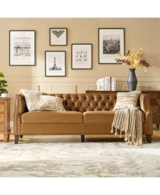Theotis 84"W Chesterfield Button-Tufting Genuine Leather Sofa with Solid Wood Legs