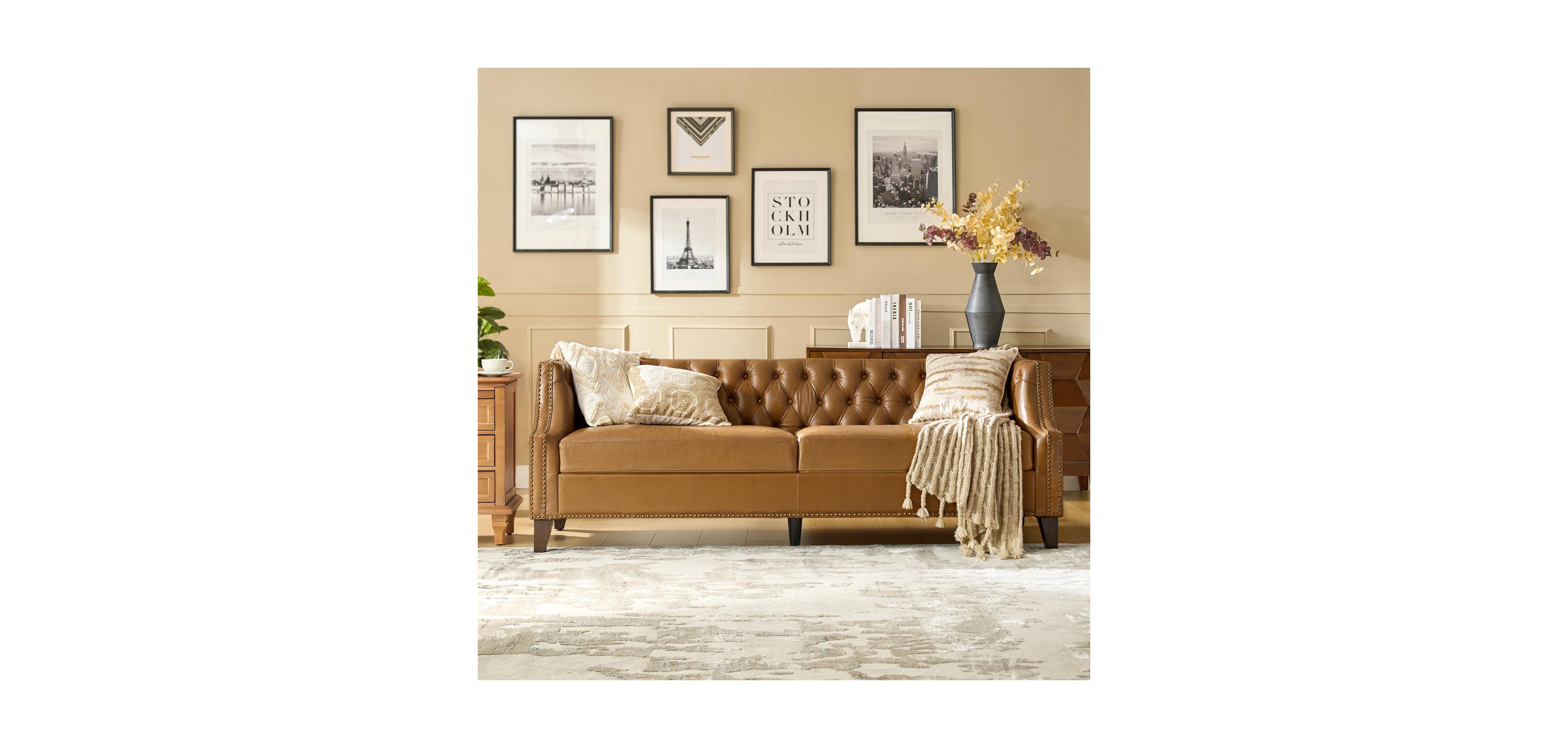 Hulala Home Theotis 84"W Chesterfield Button-Tufting Genuine Leather Sofa with Solid Wood Legs