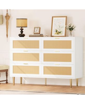 Natural Rattan 6 Drawer Dresser for Bedroom, Chest of Drawers with Legs and Handles
