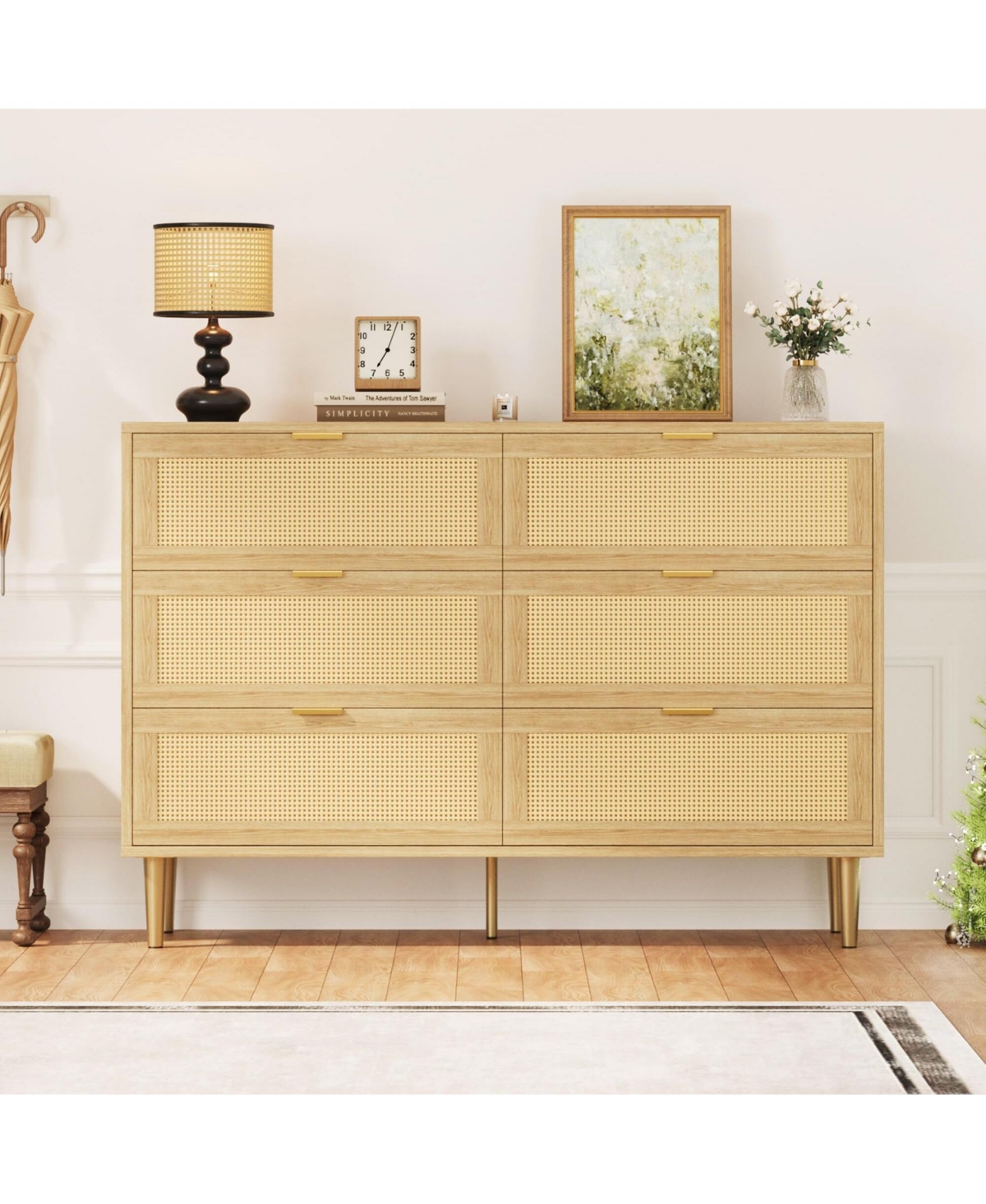 gaomon Natural Rattan 6 Drawer Dresser for Bedroom, Chest of Drawers with Legs and Handles