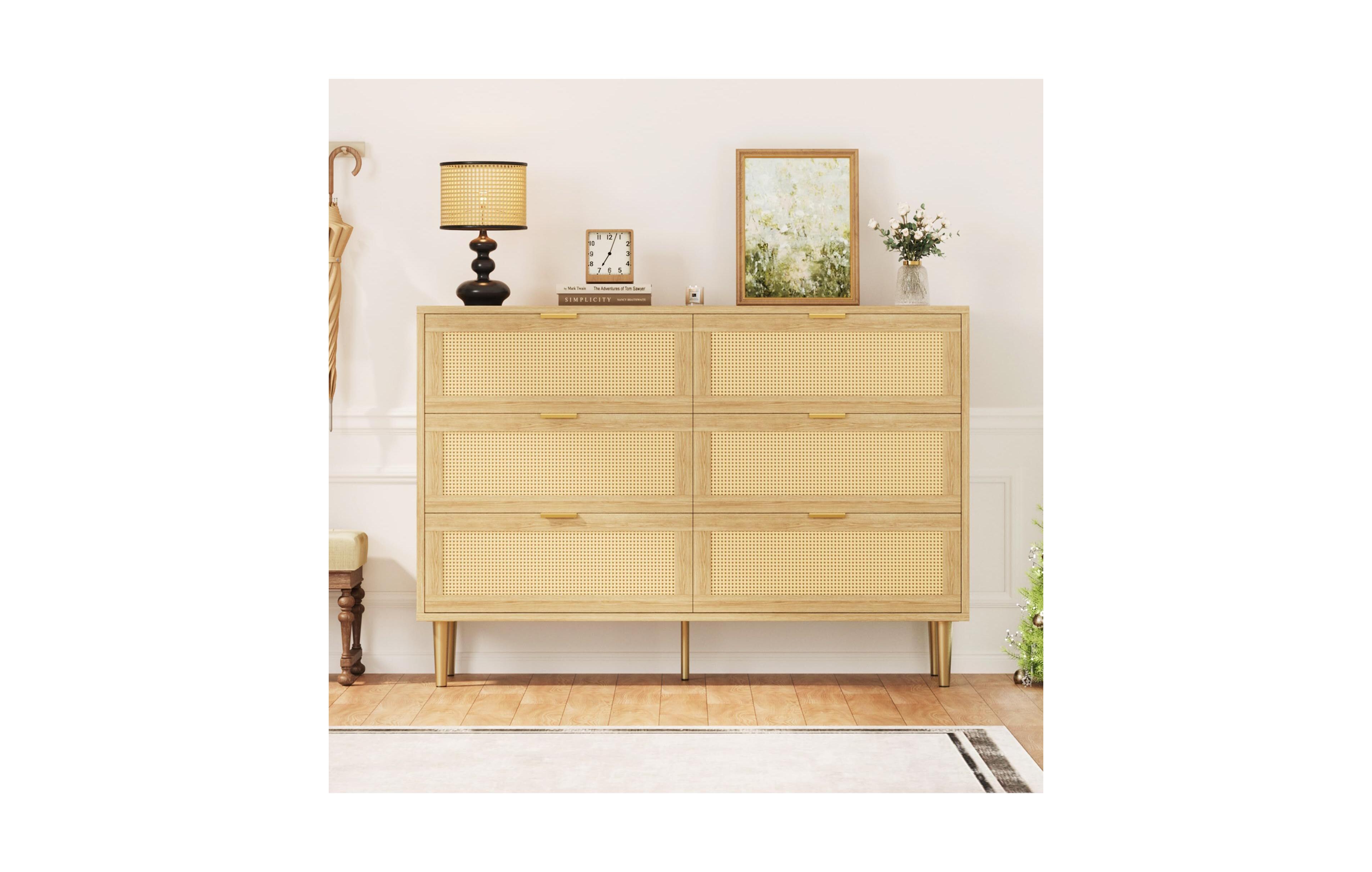 gaomon Natural Rattan 6 Drawer Dresser for Bedroom, Chest of Drawers with Legs and Handles