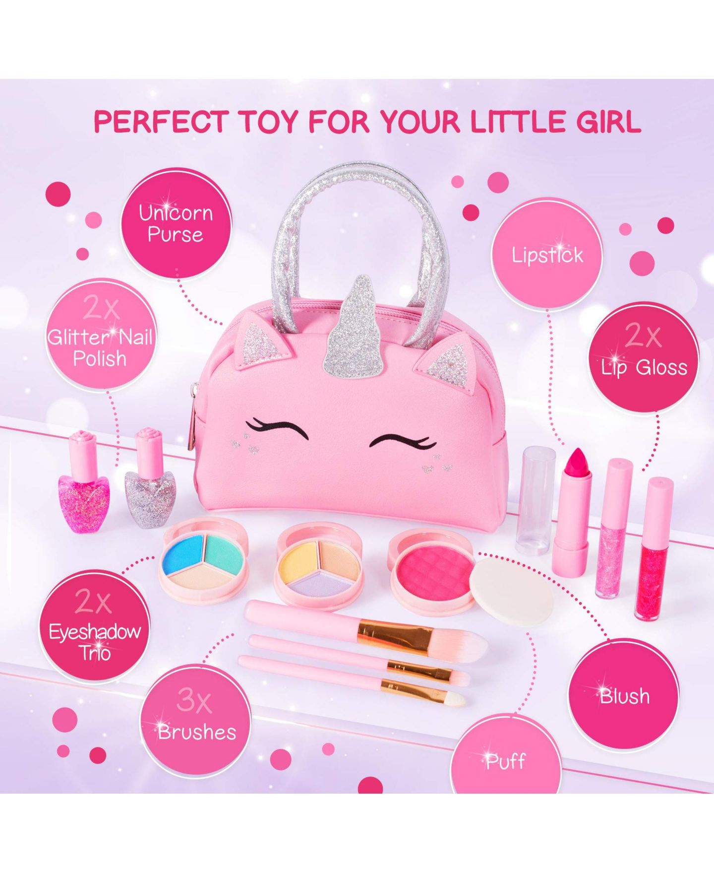 Детские игрушки GNUADZ Unicorn Glitter Makeup 14-Piece Pretend Play Set, Ages 3+, цвет: Розовый — фото 3
