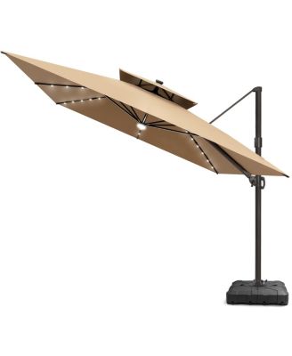 Outdoor Patio 11x11Feet Aluminum Double Canopy Solar Lights Cantilever Umbrella with Wheel Base