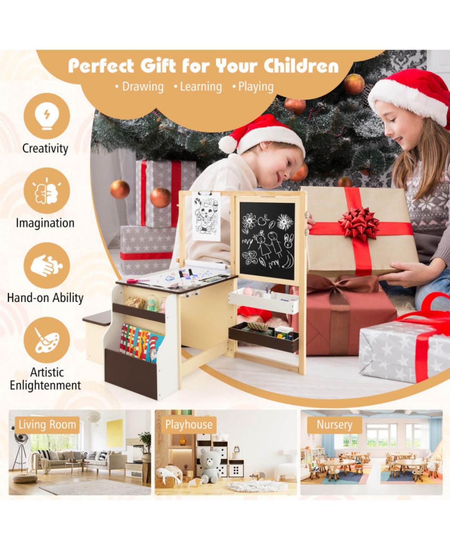 Детская игрушка GOUUN Double-Sided Adjustable Art Center with Easel and Storage Bench, Ages 3+, цвет: Коричневый — фото 7