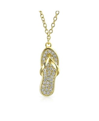 Tropical Vacation Nautical Pave CZ Accent Flip Flop Sandal Pendant Necklace Gold Plated .925 Sterling Silver