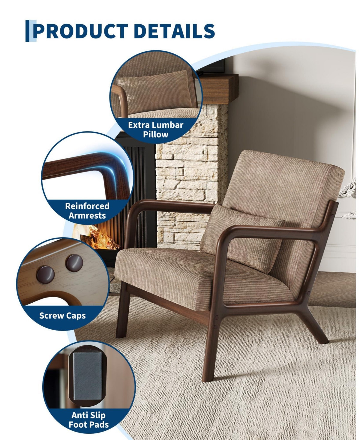 gaomon Two-piece Wide Stripe Corduroy Accent Chairs, sturdy wooden frame, comfortable reading chairs with lumbar pillows