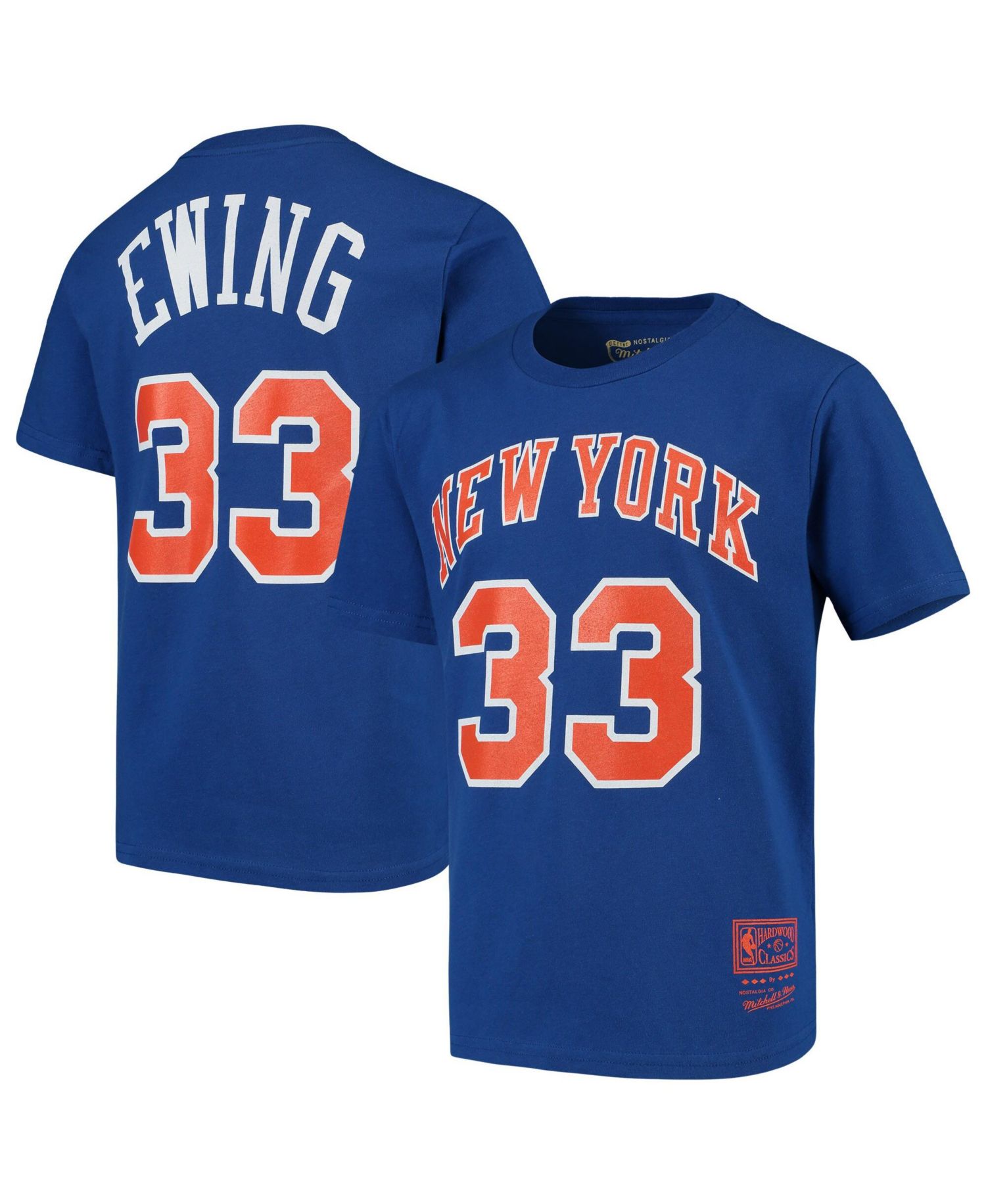 Big Boys and Girls Mitchell Ness Patrick Ewing Blue New York Knicks Hardwood Classics Name & Number T-Shirt