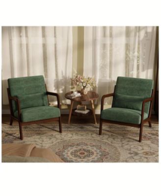 2-Piece Chenille Accent Chairs, Mid-Century Style, Sturdy Wooden Frame, Comfortable Reading Chair with Lumbar Pillow