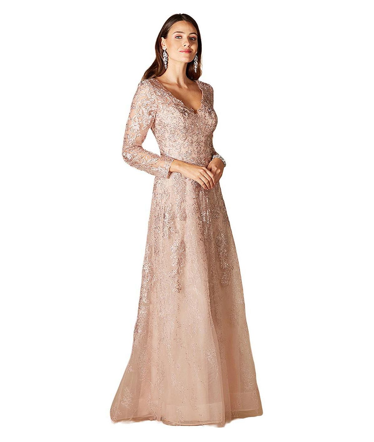 Lara Women's Long Sleeve V-Neck Lace Gown view 3 — MAYCSS fashion products