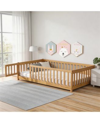 Twin Floor Bed with Fence and Door,Solid Wood Kids Bed Frame for Toddlers