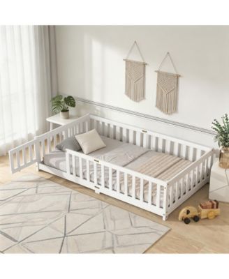 Twin Floor Bed with Fence and Door, Solid Rubber Wood Kids Platform Bed Frame