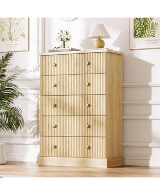 5 Drawer Tall Dresser with Fluted Front and Metal Handles for Bedroom, Guest Room, Apartment, Entryway