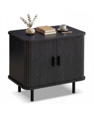 Mid Century Nightstand with Sliding Tambour Doors and Storage Shelf