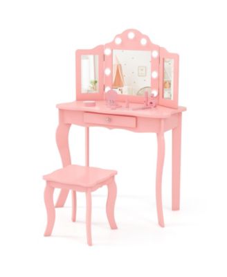 Kids Vanity Table Set with Stool Tri Folding Mirror and 3 Color LED Lights