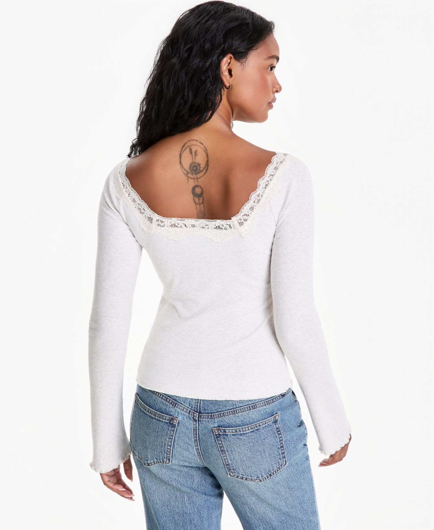 Petite Lace-Trim Scoop-Neck Long-Sleeve Top