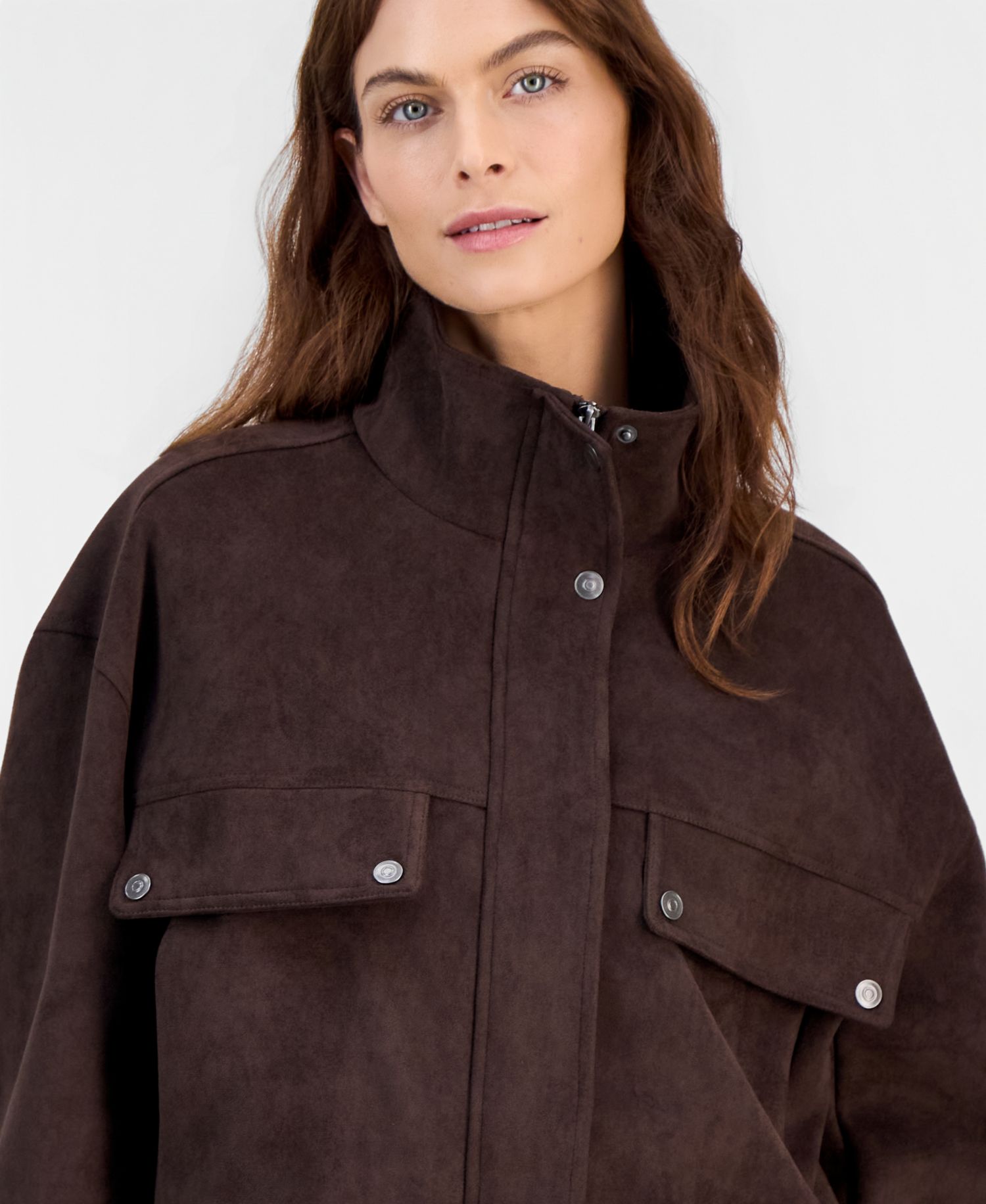 Petite Faux Suede Stand-Collar Bomber Jacket