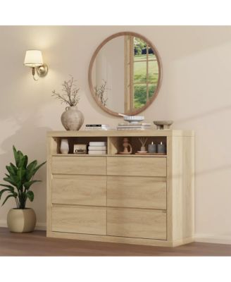 6 Drawer Dresser for Bedroom, Modern Mid Century Chest of Drawers with 2 Open Shelves, 47" Wooden Double Dresser TV Stand for Closet
