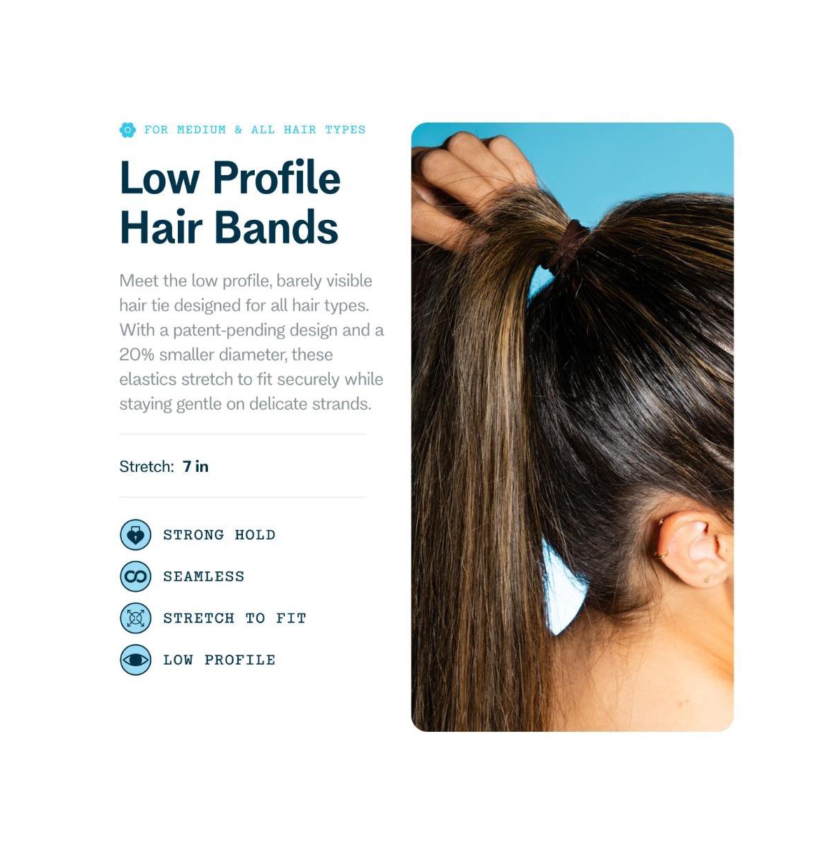 Gimme Beauty Low Profile Hair Bands - Gentle, No-Snag Elastic Ties for Fine and Thick Locks - Non-Slip Seamless Ponytail Holders