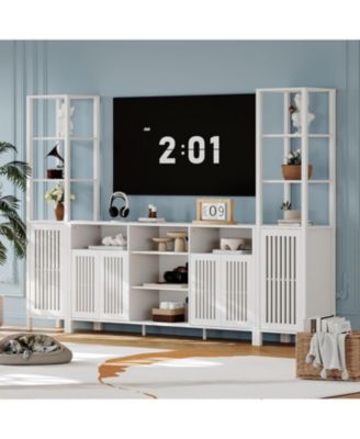 Farmhouse Entertainment Center with Bookshelves, TV Stand for 70 Inch TVs, Console Cabinet with Adjustable Shelves and Storage for Living Room
