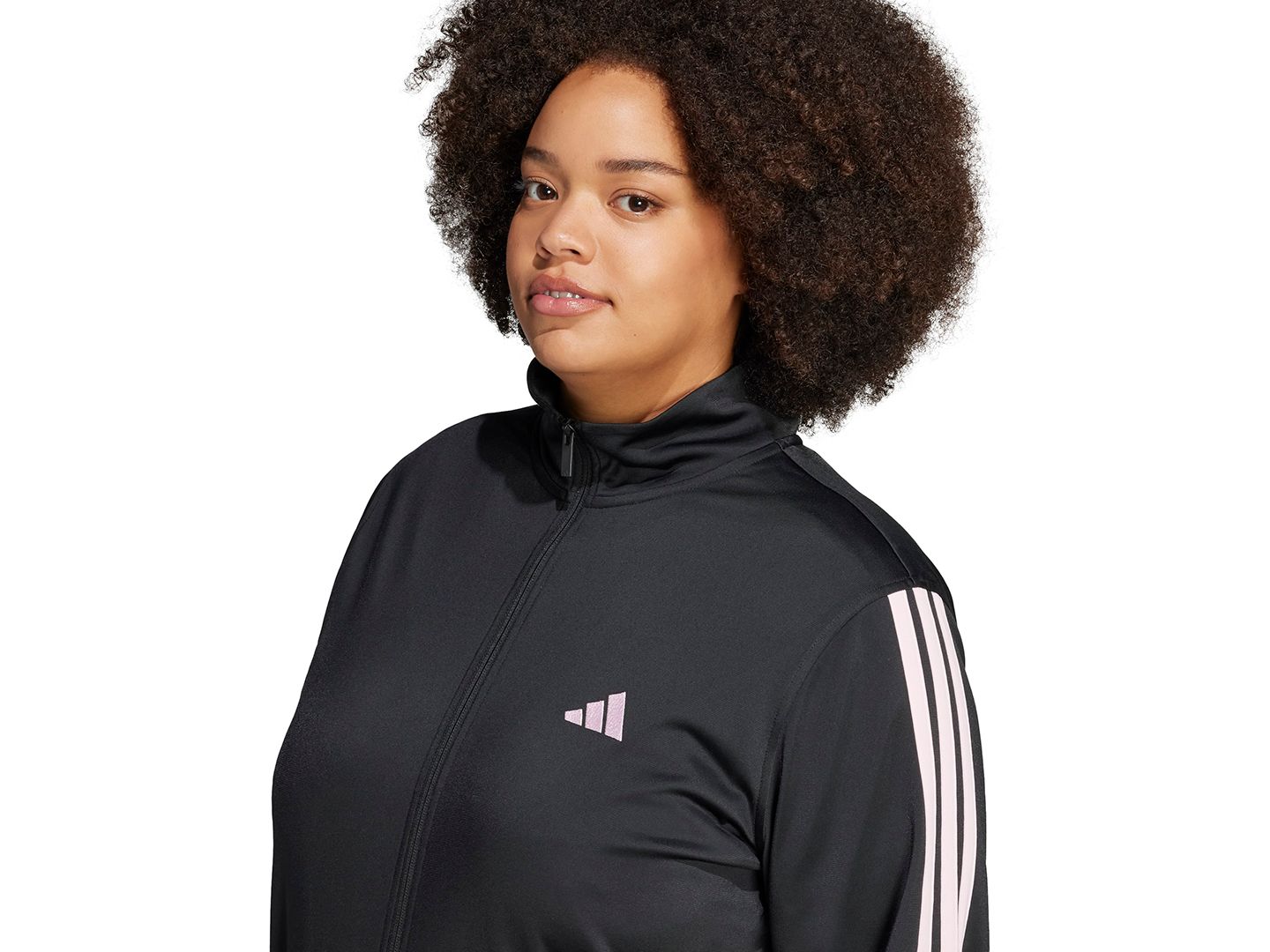 Женская куртка adidas Plus Size Essentials Tricot Three Stripes Track, цвет: Чёрный / Прозрачный розовый — фото 3