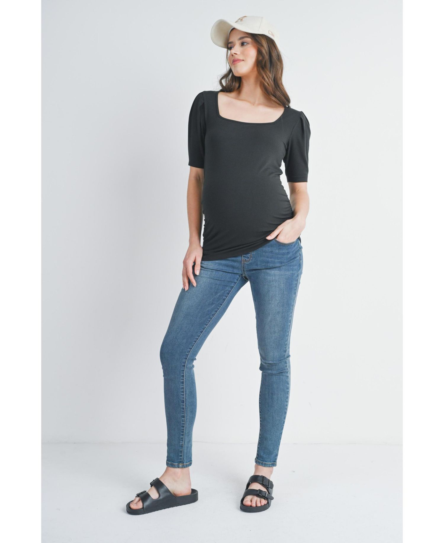 Women's Ribbed Puff Sleeve Square Neck Top