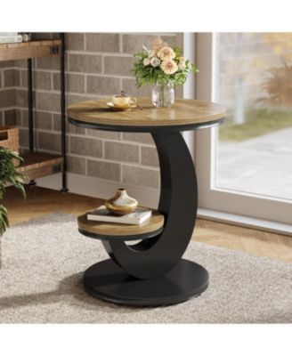 Round End Table, 2 Tiers Side Table with Storage Shelf, C-Shaped Frame for Small Spaces, Living Room, Easy to Assemble