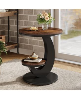 Round End Table, 2 Tiers Side Table with Storage Shelf, C-Shaped Frame for Small Spaces, Living Room, Easy to Assemble