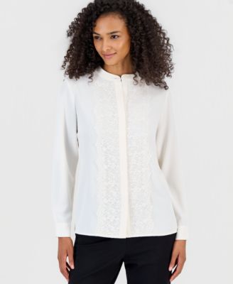 Women's Flutter Long-Sleeve Lace-Placket Collared Blouse