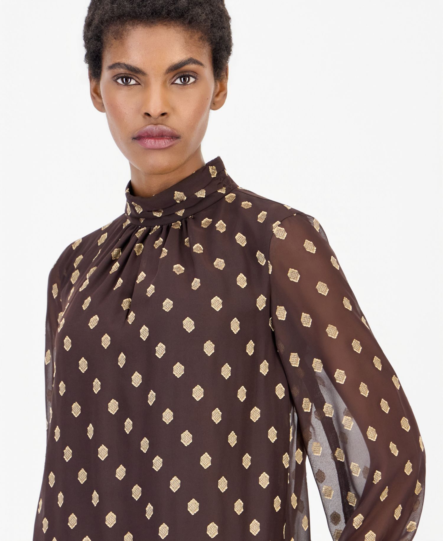 Women's Long-Sleeve Mock Neck Keyhole Blouse