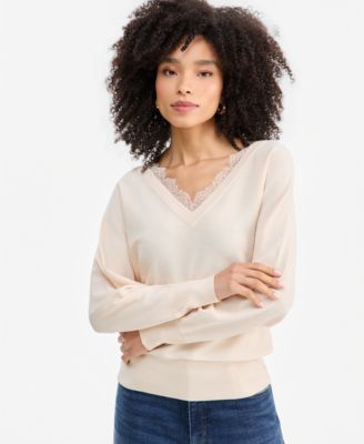 Women's Lace Trim Double V Neck Dolman Long-Sleeve Viscose-Blend Sweater
