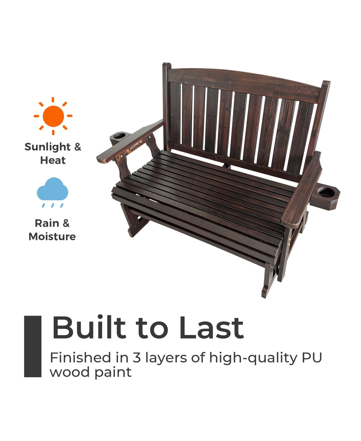 Mega Casa Solid Fir Wood 2-Person Outdoor Glider Bench, Heavy-Duty Wooden Patio Rocking Loveseat with Cup Holders